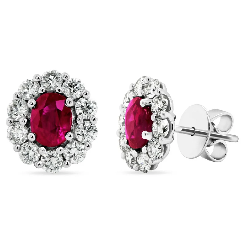 Women’s silver hoop earrings-Uneek Precious Collection Halo Round Ruby Stud Earrings