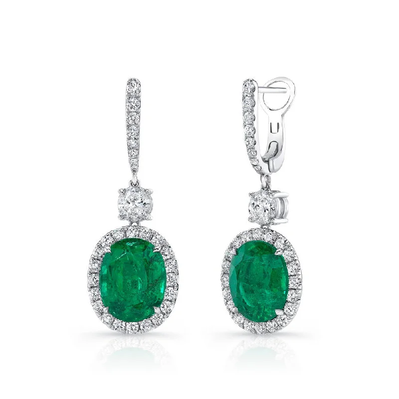 Women’s gold stud earrings-Uneek Precious Collection Halo Oval Shaped Emerald Dangle Earrings