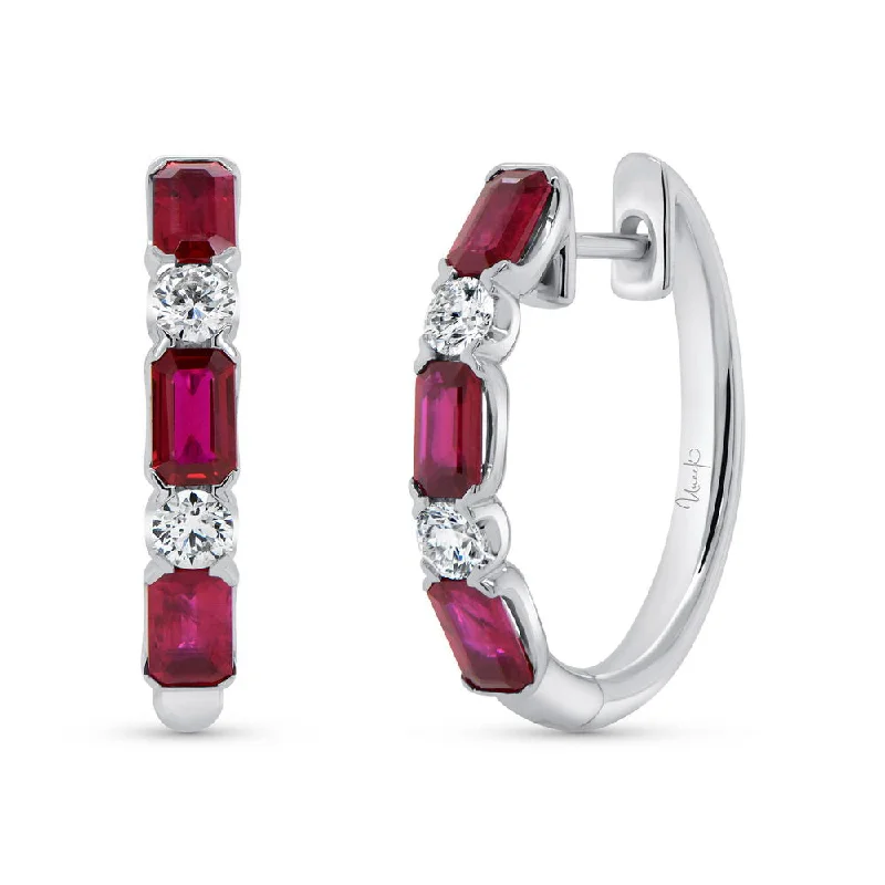 Women’s silver drop earrings-Uneek Precious Collection Emerald Cut Ruby Huggie Earrings