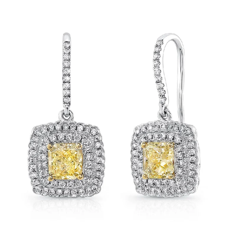 Women’s unique earrings-Uneek Natureal Collection Double-Halo Cushion Cut Fancy Yellow Diamond Dangle Earrings