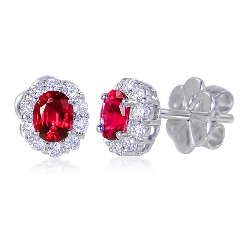 Women’s colorful earrings-Uneek Oval Ruby Stud Earrings with Scalloped Diamond Halos