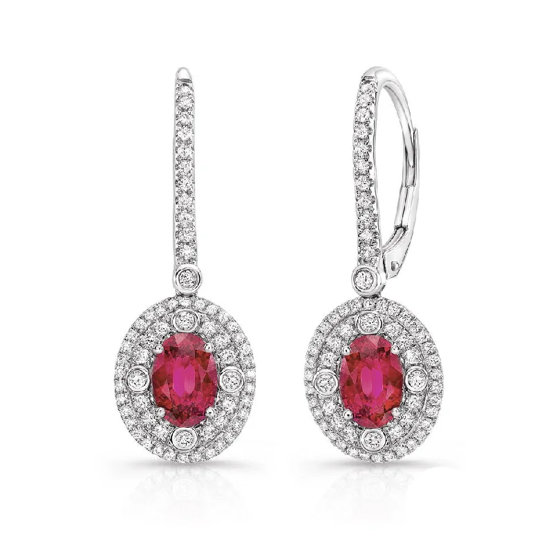 Women’s gold earrings-Uneek Precious Collection Double-Halo Oval Shaped Ruby Dangle Earrings