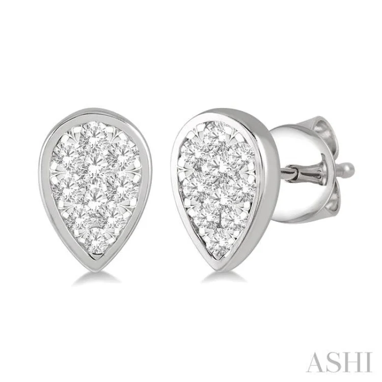 Women’s silver and gold earrings-1/3 ctw Pear Shape Lovebright Round Cut Diamond Bezel Stud Earring in 14K White Gold