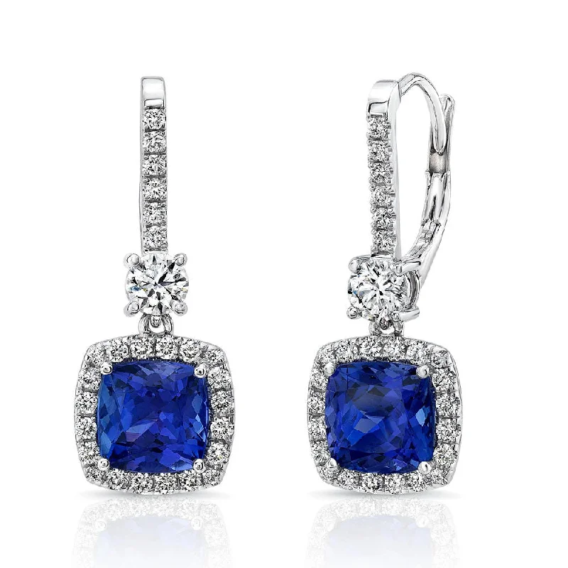 Women’s diamond drop earrings-Uneek Precious Collection Halo Cushion Cut Tanzanite Dangle Earrings