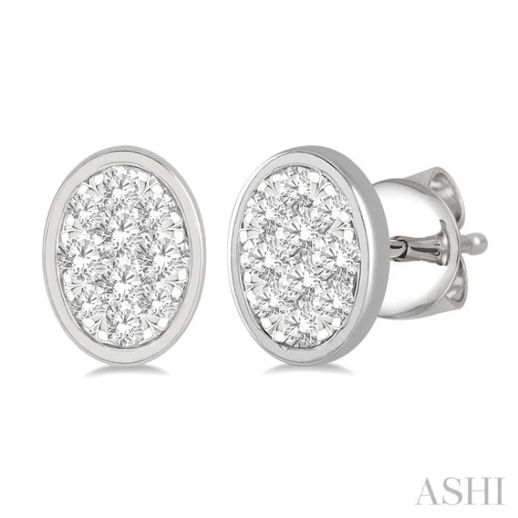 Women’s birthstone earrings-1/3 ctw Oval Shape Lovebright Round Cut Diamond Bezel Stud Earring in 14K White Gold