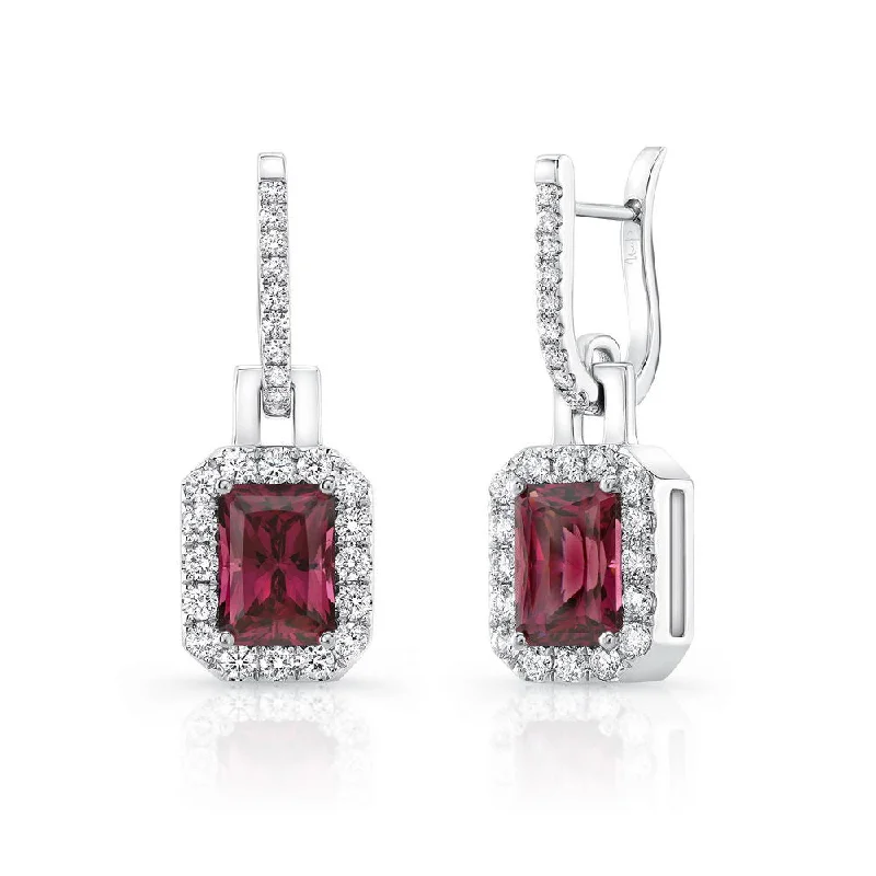 Women’s dangling earrings-Uneek Precious Collection Halo Emerald Cut Rhodolite Dangle Earrings