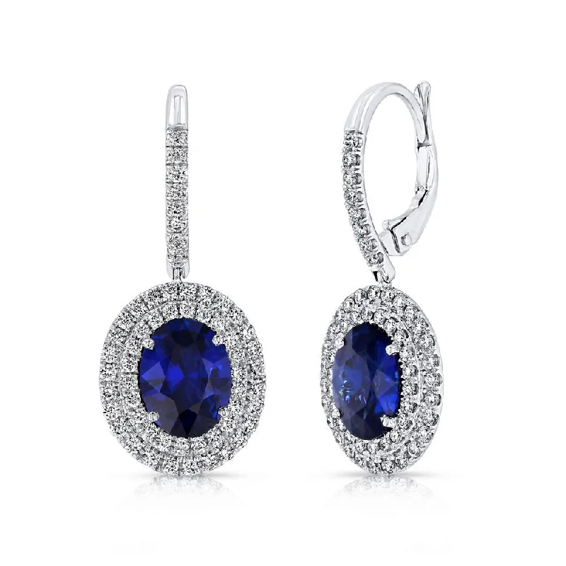 Women’s vintage earrings-Uneek Oval Blue Sapphire Drop Earrings with Diamond Double Halos