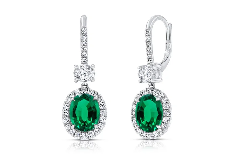 Women’s fashion hoop earrings-Uneek Oval Green Emerald Dangle Earrings with Pave Diamond Halos