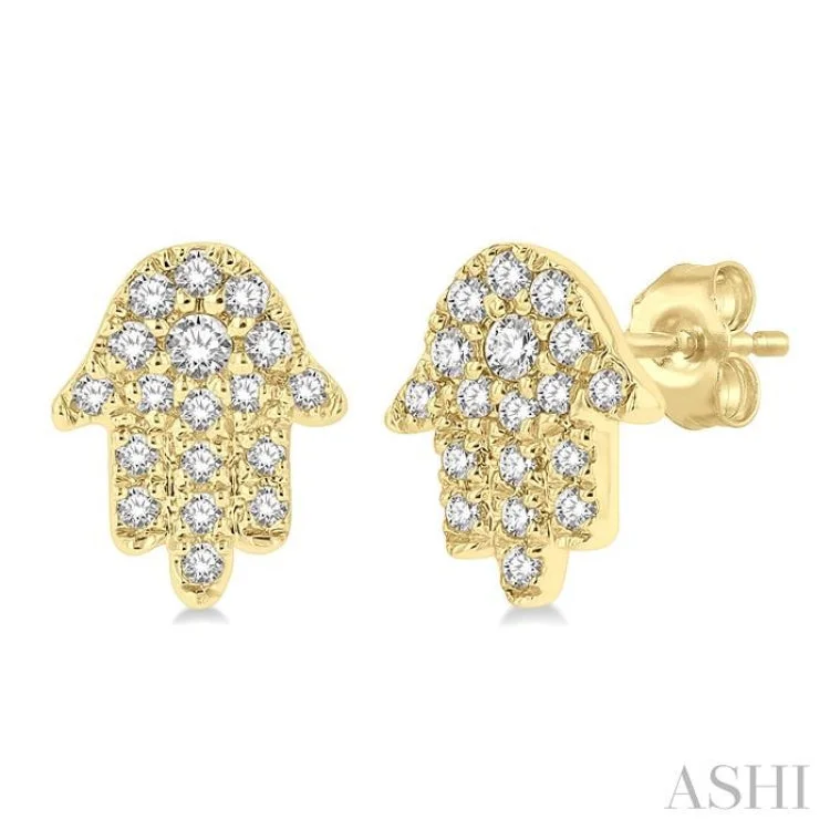 Women’s statement earrings-1/8 Ctw Hamsa Round cut Diamond Petite Fashion Earring in 10K Yellow Gold