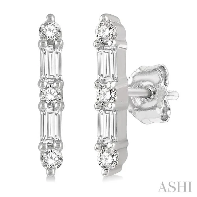 Women’s flower earrings-1/6 Ctw Solid Bar Baguette and Round Cut Diamond Petite Earring in 10K White Gold