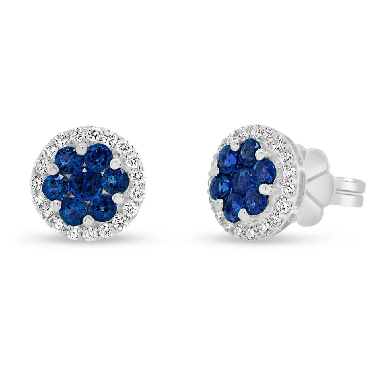 Women’s dangling crystal earrings-Uneek Precious Collection Halo Round Blue Sapphire Stud Earrings