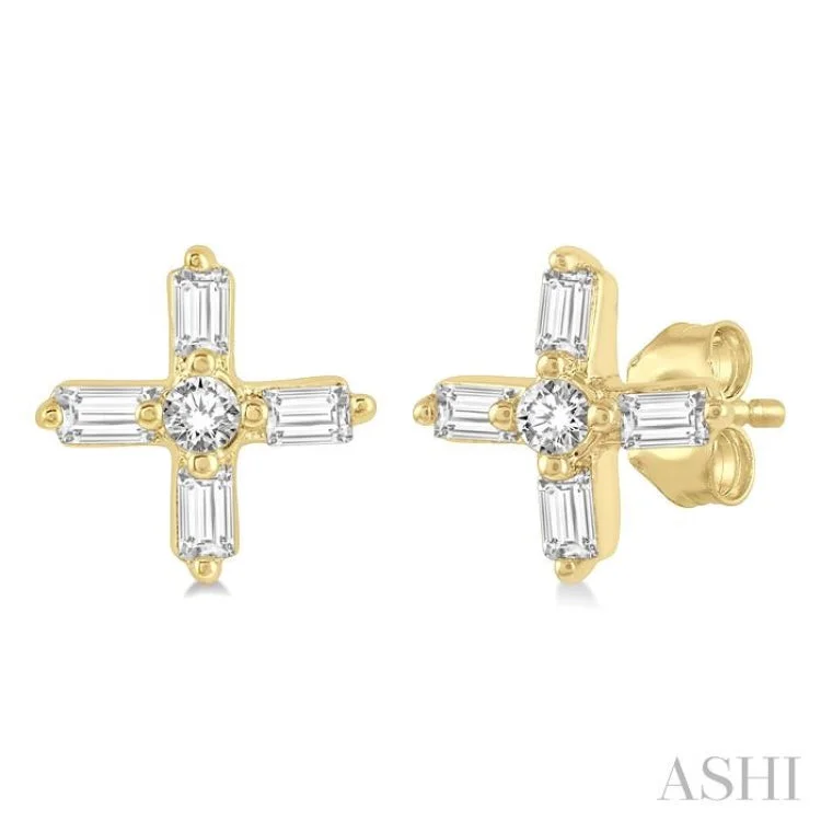 Women’s statement gold earrings-1/10 Ctw Greek Cross Baguette and Round Cut Diamond Petite Earring in 10K Yellow Gold