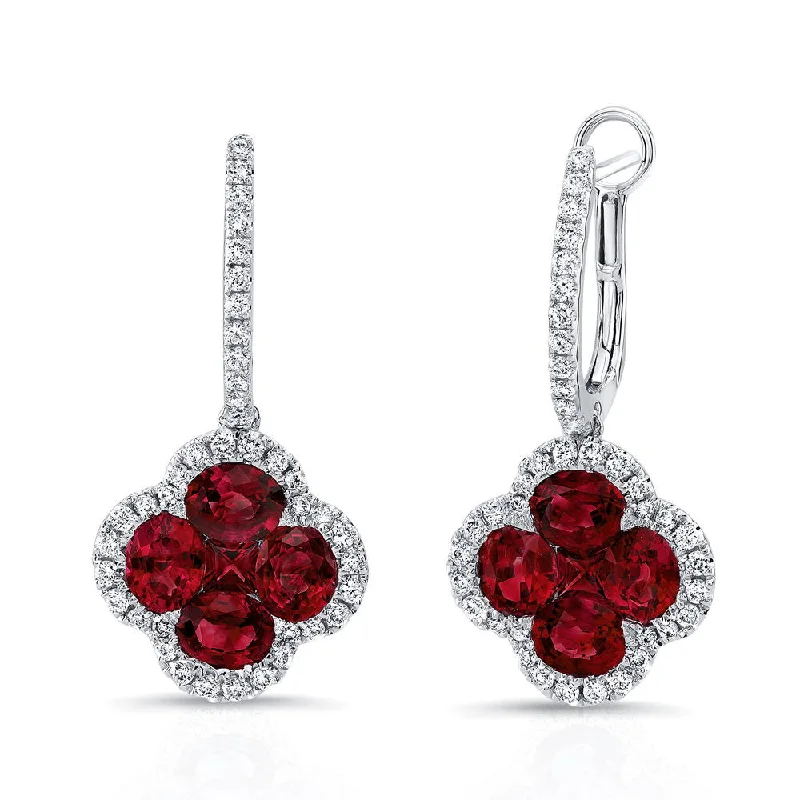 Women’s geometric stud earrings-Uneek Precious Collection Floral Oval Shaped Ruby Dangle Earrings