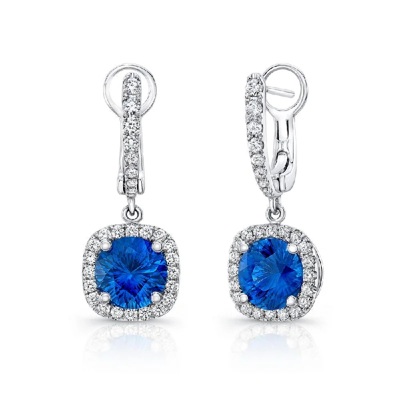 Women’s colorful earrings-Uneek Round Blue Sapphire Drop Earrings with Cushion-Shaped Diamond Halos