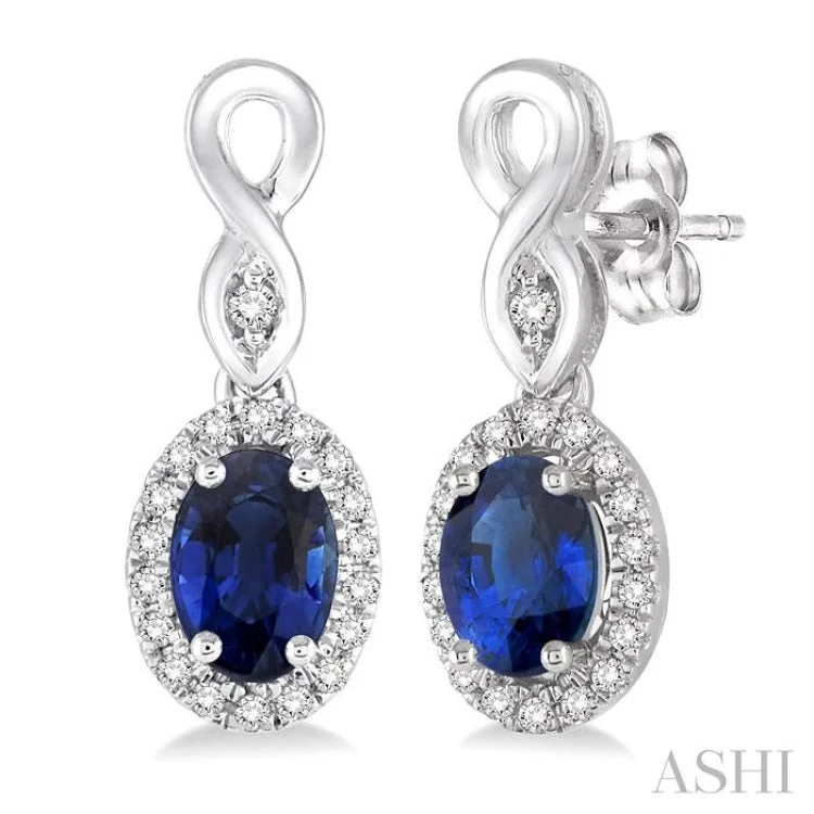 Women’s luxury gold earrings-5x3 MM Oval Cut Sapphire and 1/6 Ctw Round Cut Diamond Earrings in 10K White Gold