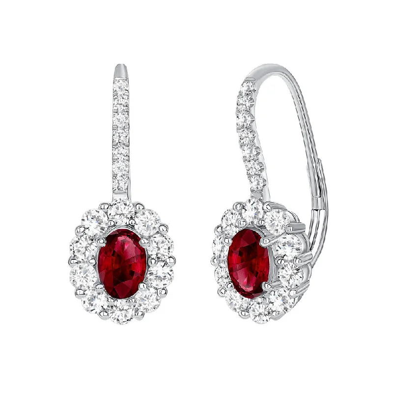 Women’s statement gemstone earrings-Uneek Precious Collection Halo Oval Shaped Ruby Drop Earrings