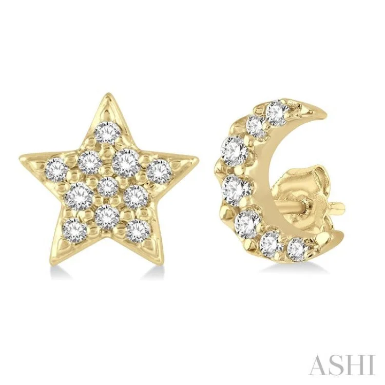 Women’s simple gold earrings-1/10 Ctw Star & Crescent Mix Round Cut Diamond Petite Fashion Earring in 10K Yellow Gold