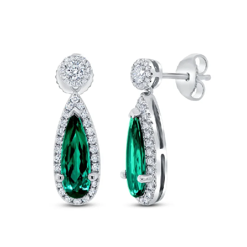 Women’s sterling silver earrings-Uneek Precious Collection Double-Halo Pear Shaped Green Tourmaline Anniversary Earrings