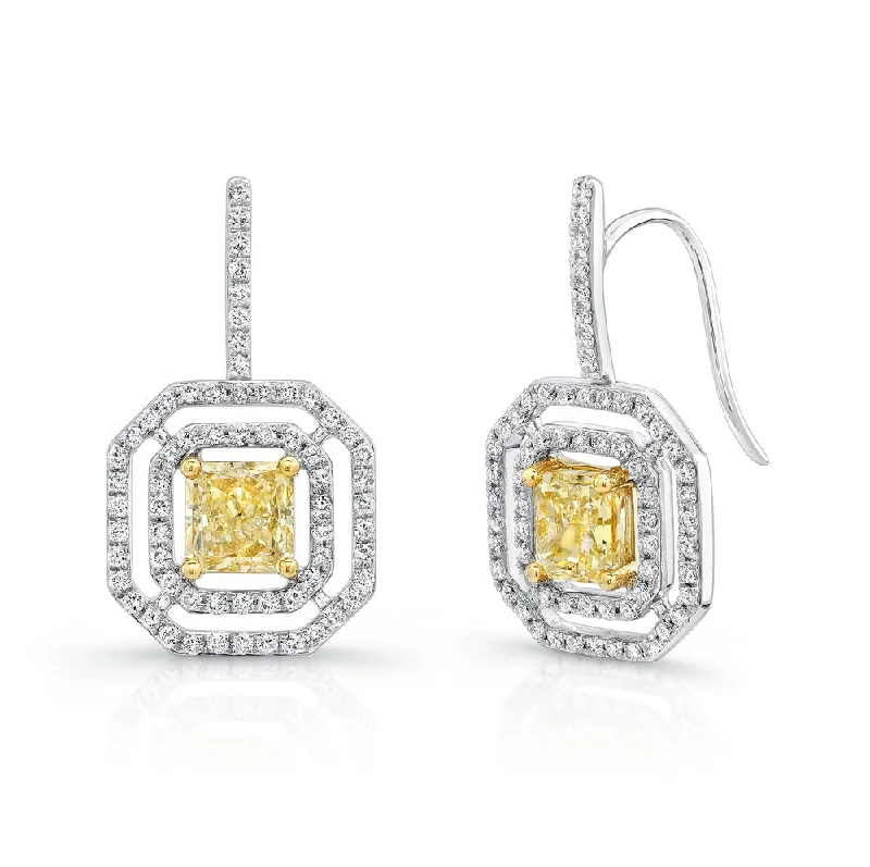 Women’s silver and gold earrings-Uneek Radiant Cut Yellow Diamond Drop Earrings with Geometric Floating Halos