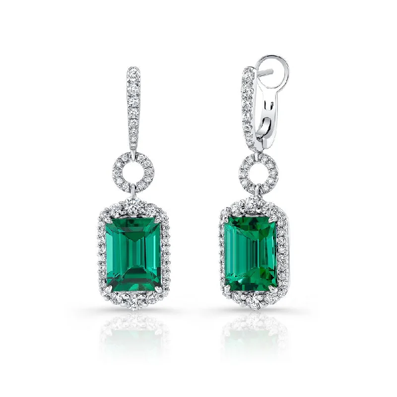 Women’s gemstone earrings-Uneek Precious Collection Halo Radiant Green Tourmaline Drop Earrings