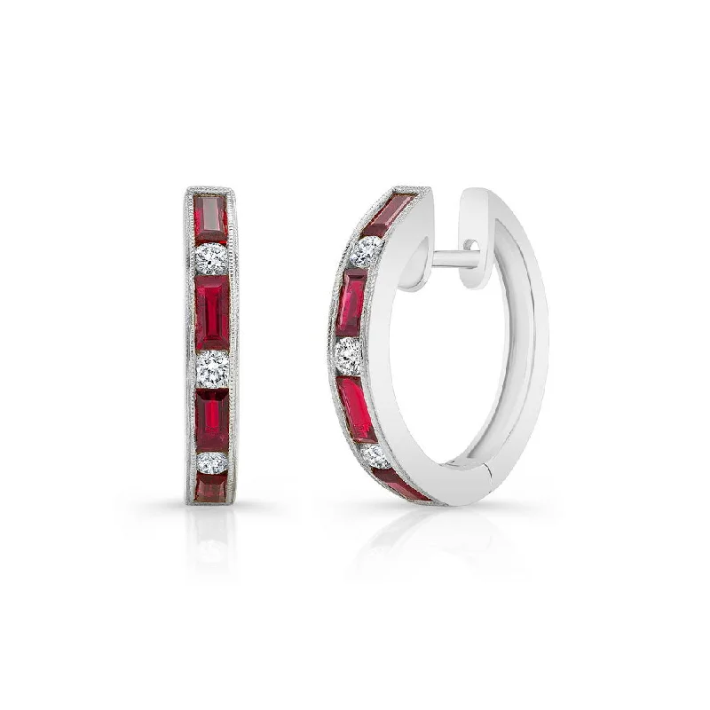 Women’s minimalist earrings-Uneek Precious Collection Baguette Ruby Huggie Earrings