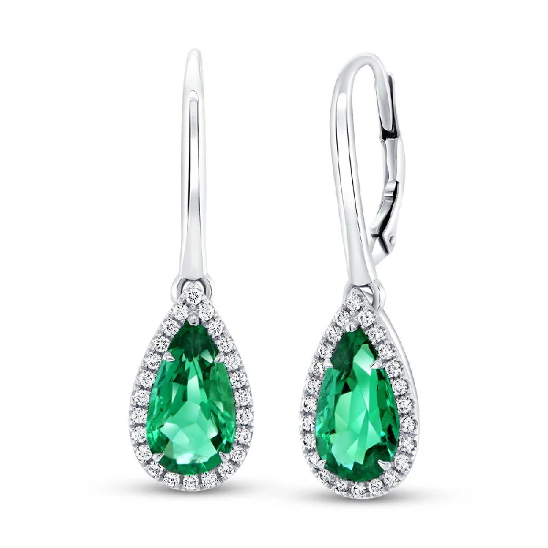 Women’s statement gold earrings-Uneek Precious Collection Halo Pear Shaped Emerald Dangle Earrings