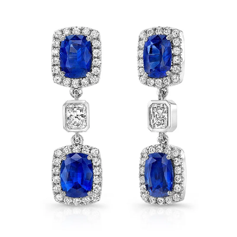 Women’s sapphire earrings-Uneek Cushion-Cut Blue Sapphire Earrings with Radiant Diamond Accents