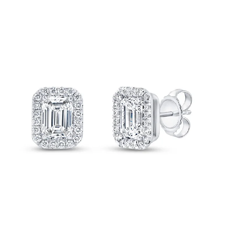 Women’s silver hoop earrings-Uneek Signature Collection Halo Emerald Cut Diamond Drop Earrings