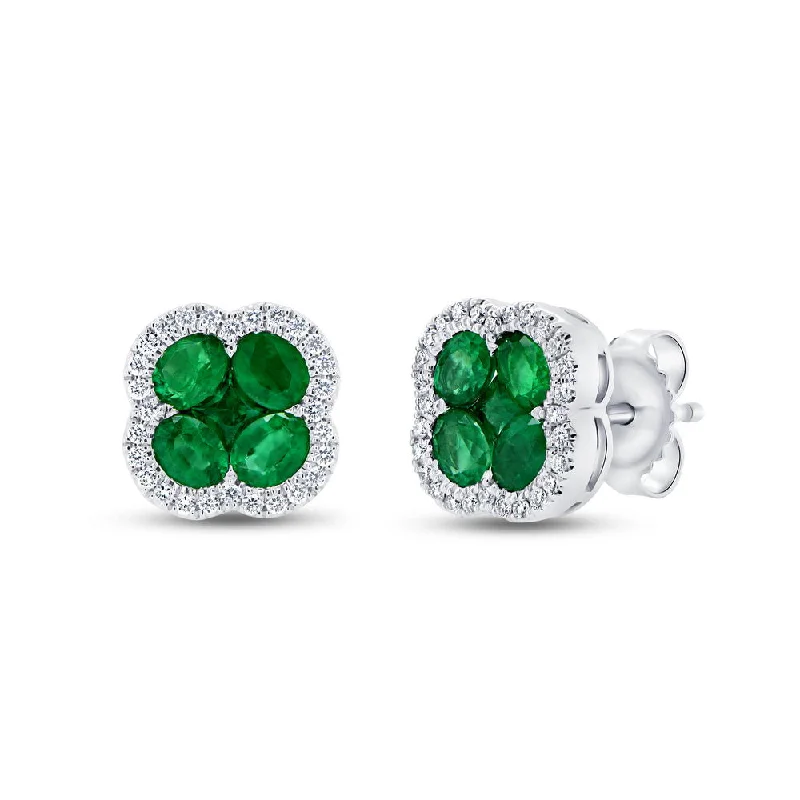 Women’s contemporary earrings-Uneek Precious Collection Floral Oval Shaped Emerald Stud Earrings