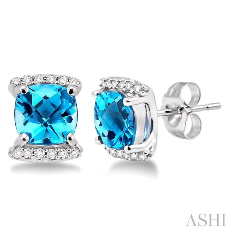 Women’s silver earrings-6x6mm Cushion Cut Blue Topaz and 1/10 Ctw Round Cut Diamond Earrings in 14K White Gold