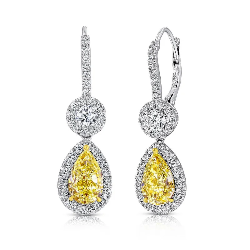 Women’s big hoop earrings-Uneek Pear-Shaped Fancy Yellow Diamond Dangle Earrings with Accent Round Diamonds