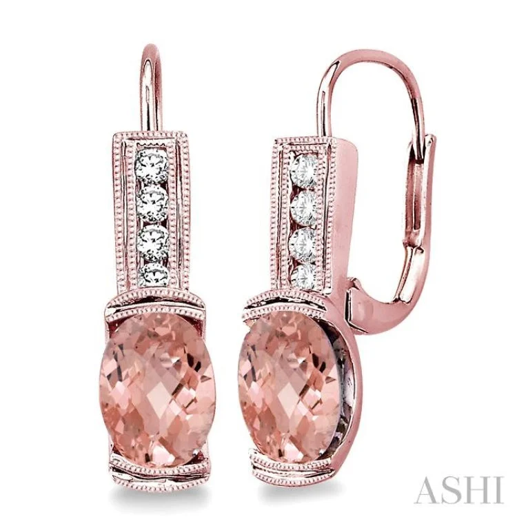 Women’s silver hoop drop earrings-7x5 MM Oval Shape Morganite and 1/6 Ctw Round Cut Diamond Earrings in 14K Rose Gold