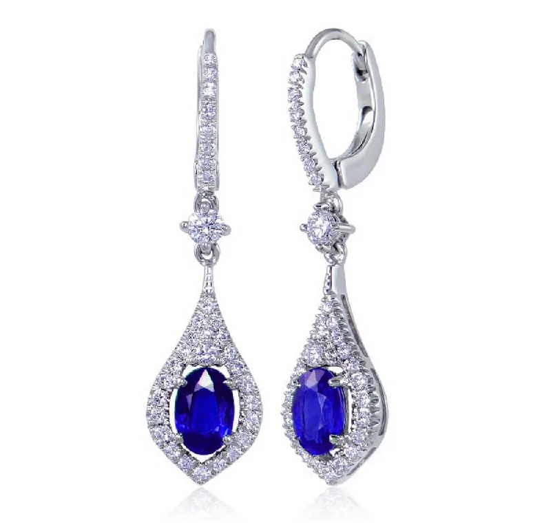 Women’s luxury diamond drop earrings-Uneek Oval Blue Sapphire Dangle Earrings with Teardrop-Shaped Pave Diamond Halos