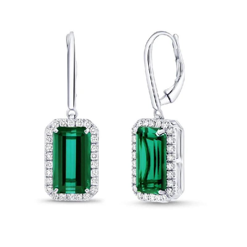 Women’s stud diamond earrings-Uneek Precious Collection Halo Emerald Cut Green Tourmaline Drop Earrings