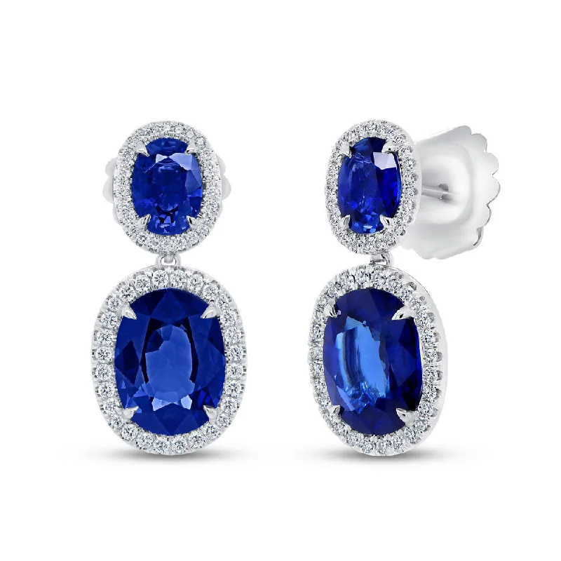 Women’s sterling silver earrings-Uneek Precious Collection Halo Oval Shaped Blue Sapphire Dangle Earrings