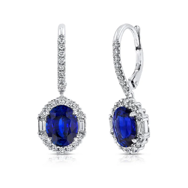 Women’s gemstone earrings-Uneek Oval Blue Sapphire Dangle Earrings with Round and Baguette Diamond Halos