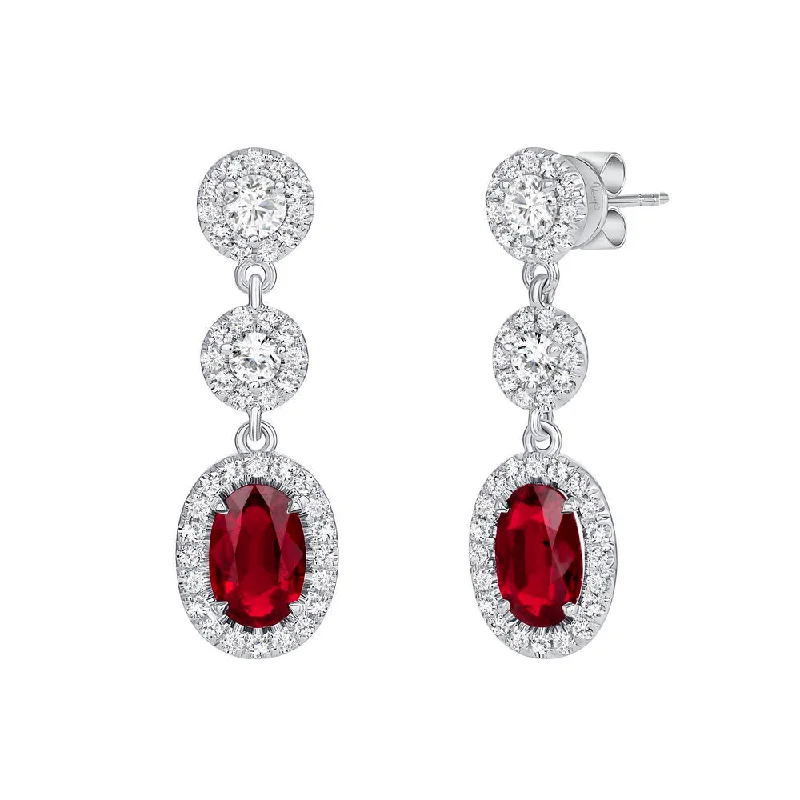 Women’s pearl stud earrings-Uneek Precious Collection Halo Oval Shaped Ruby Dangle Earrings