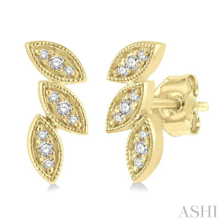 Women’s gold stud earrings-1/10 Ctw Tri Leaf Round Cut Diamond Petite Earring in 10K Yellow Gold