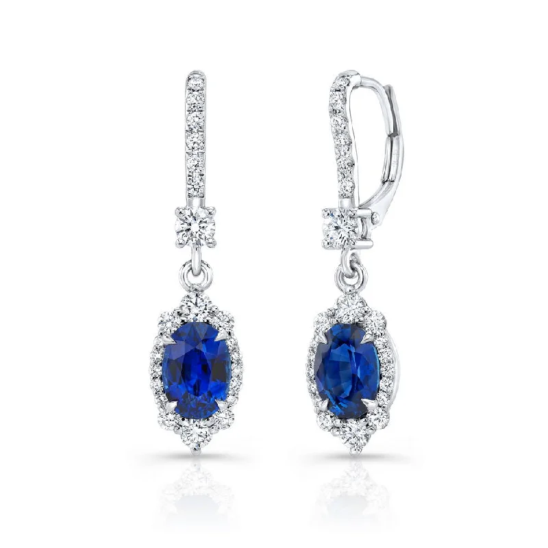 Women’s bridal earrings-Uneek Petals Collection Halo Oval Shaped Blue Sapphire Dangle Earrings