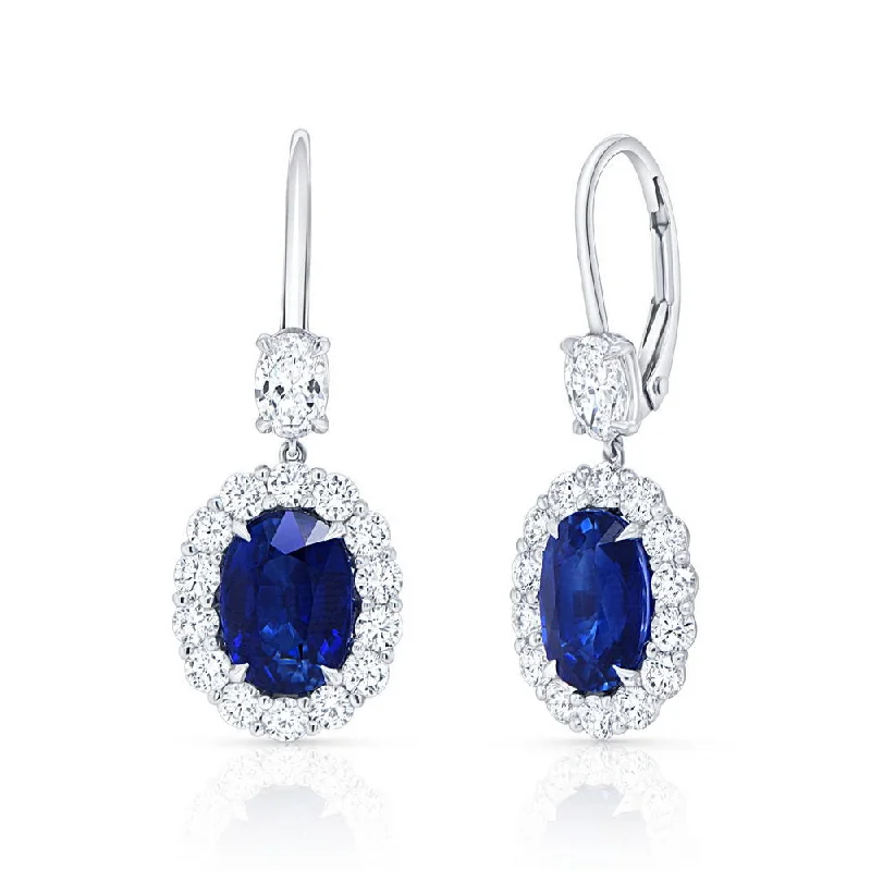 Women’s gold stud earrings-Uneek Precious Collection Halo Oval Shaped Blue Sapphire Dangle Earrings