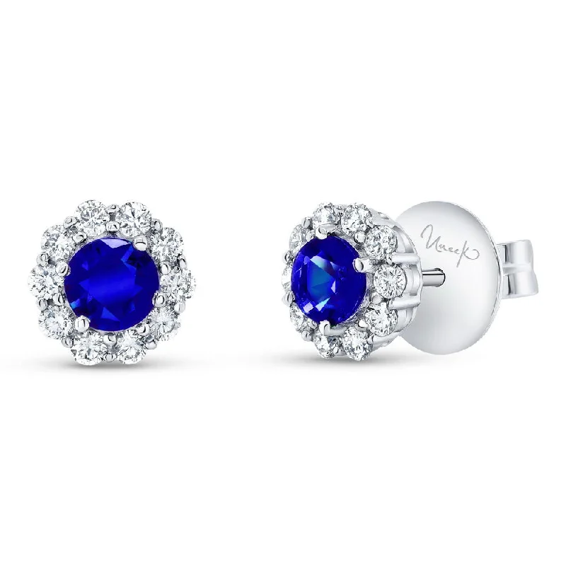 Women’s pearl stud earrings-Uneek Precious Collection Halo Round Blue Sapphire Stud Earrings