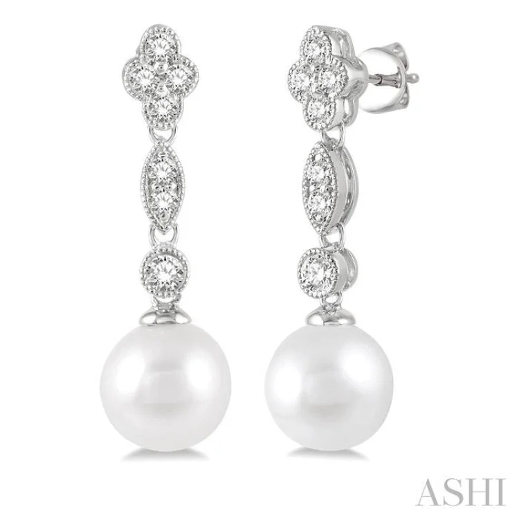 Women’s round earrings-7X7MM Cultured Pearls and 1/3 Ctw Round Cut Diamond Drop Earrings in 14K White Gold