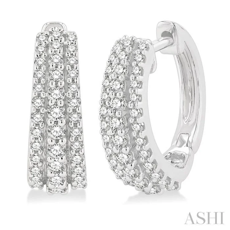 Women’s textured earrings-1/2 Ctw Triple Row Round Cut Diamond Huggie Earrings in 14K White Gold