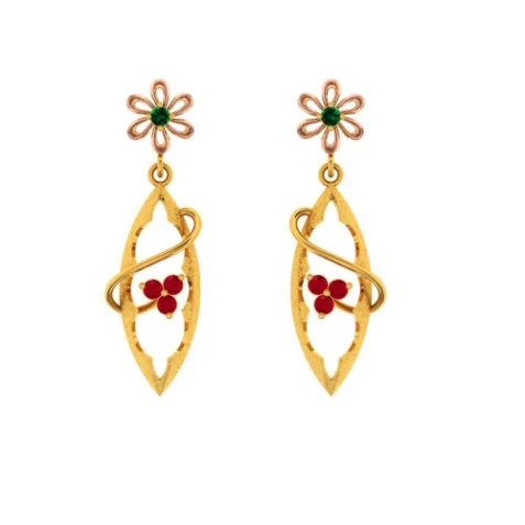 Women’s oversized earrings-22k Gold Earrings With Green And Red Stones Embedded Into Feminine Design