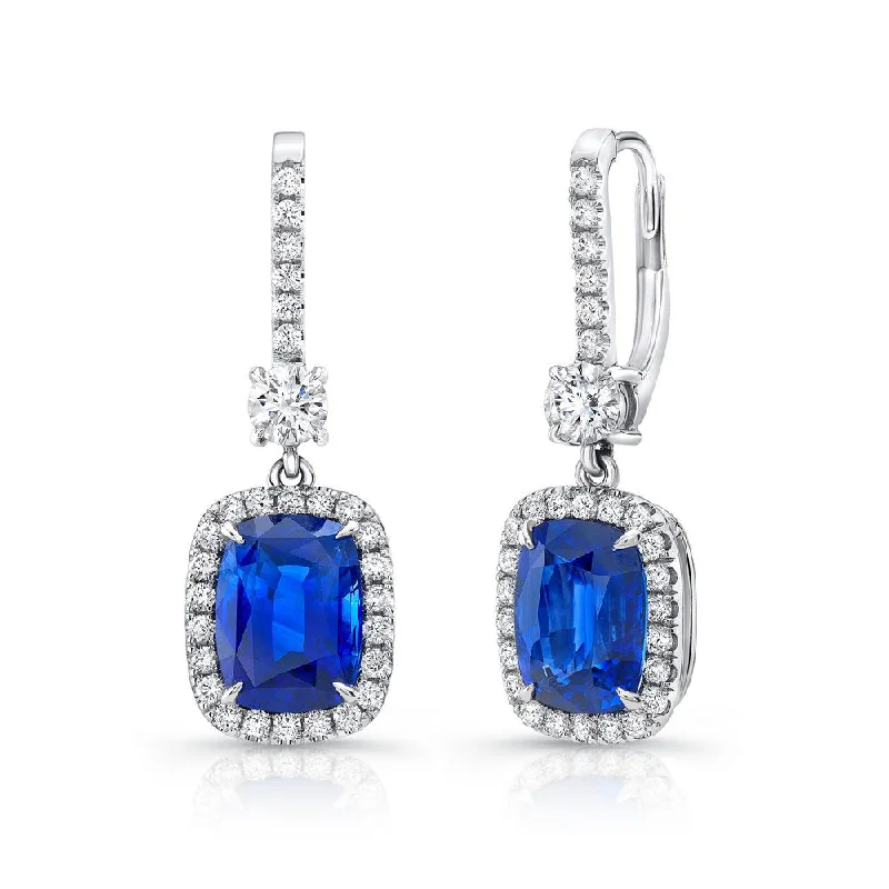 Women’s small stud earrings-Uneek Cushion-Cut Blue Sapphire Dangle Earrings with Smaller Sapphire Accents