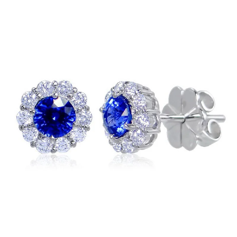 Women’s statement gold earrings-Uneek Round Blue Sapphire Stud Earrings with Scalloped Diamond Halos