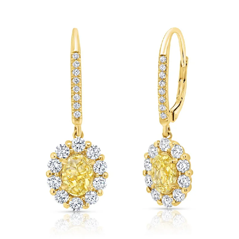 Women’s gold dangle earrings-Uneek Natureal Collection Halo Oval Shaped Yellow Diamond Dangle Earrings