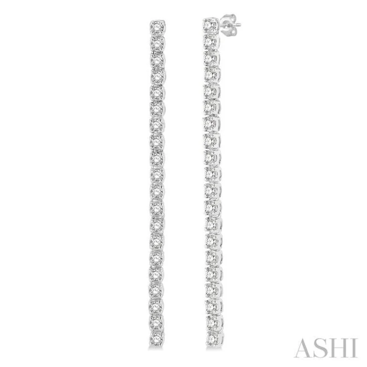 Women’s chandelier earrings-1 Ctw Single Line Drop Round Cut Diamond Tennis Earring in 14K White Gold