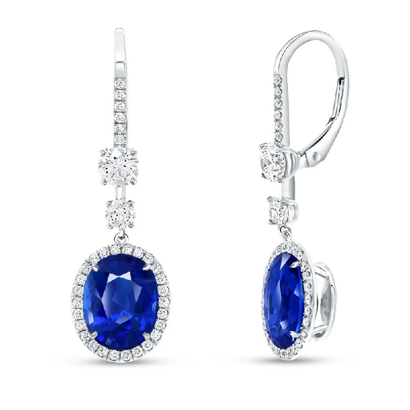 Women’s geometric gold earrings-Uneek Precious Collection Halo Oval Shaped Blue Sapphire Dangle Earrings