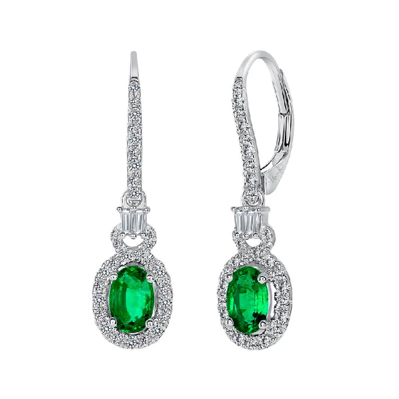 Women’s flower earrings-Uneek Precious Collection Halo Oval Shaped Emerald Dangle Earrings